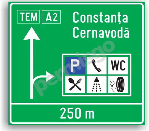 Semnul de circulație „Presemnalizare pe autostradă pentru spațiu de servicii”